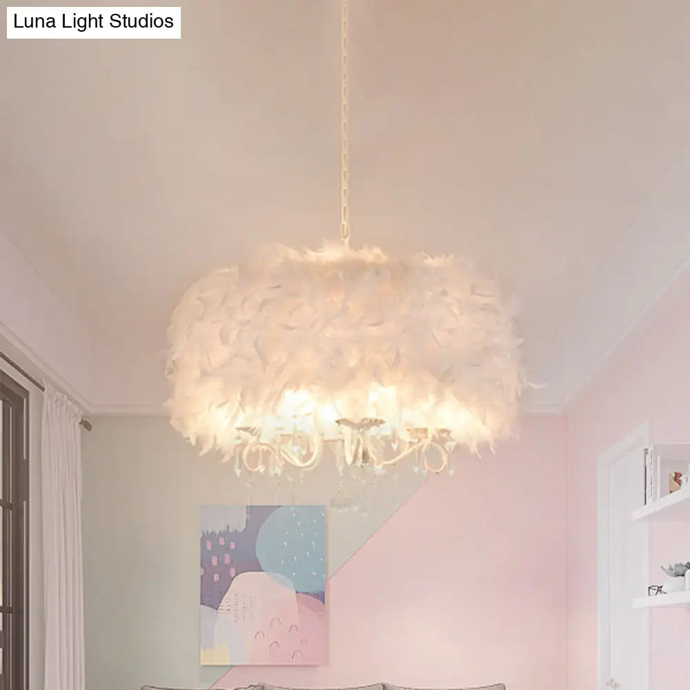 Modern White Feather Drum Shade Chandelier With 5 Lights - Stylish Suspension Light For Living Room