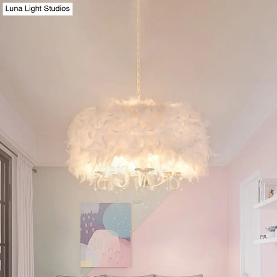 Modern White Feather Drum Shade Chandelier With 5 Lights - Stylish Suspension Light For Living Room