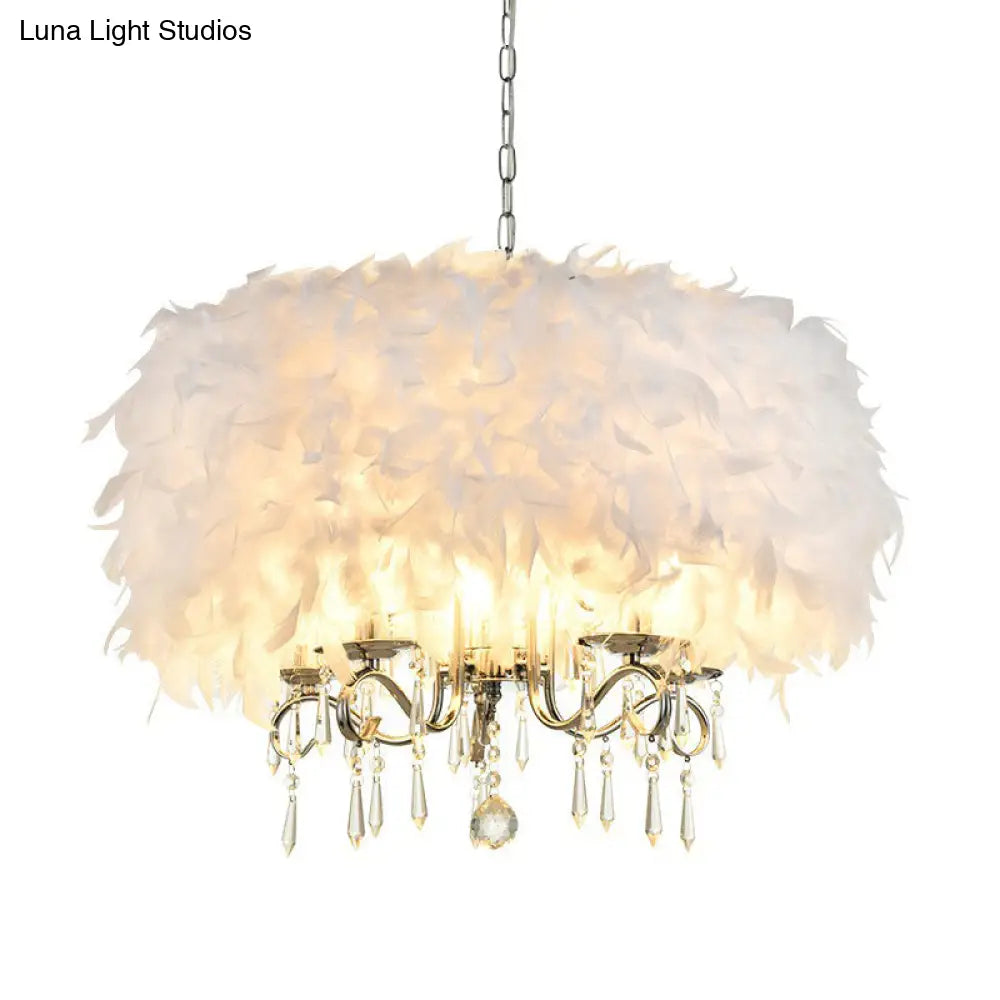 Modern White Feather Drum Shade Chandelier With 5 Lights - Stylish Suspension Light For Living Room