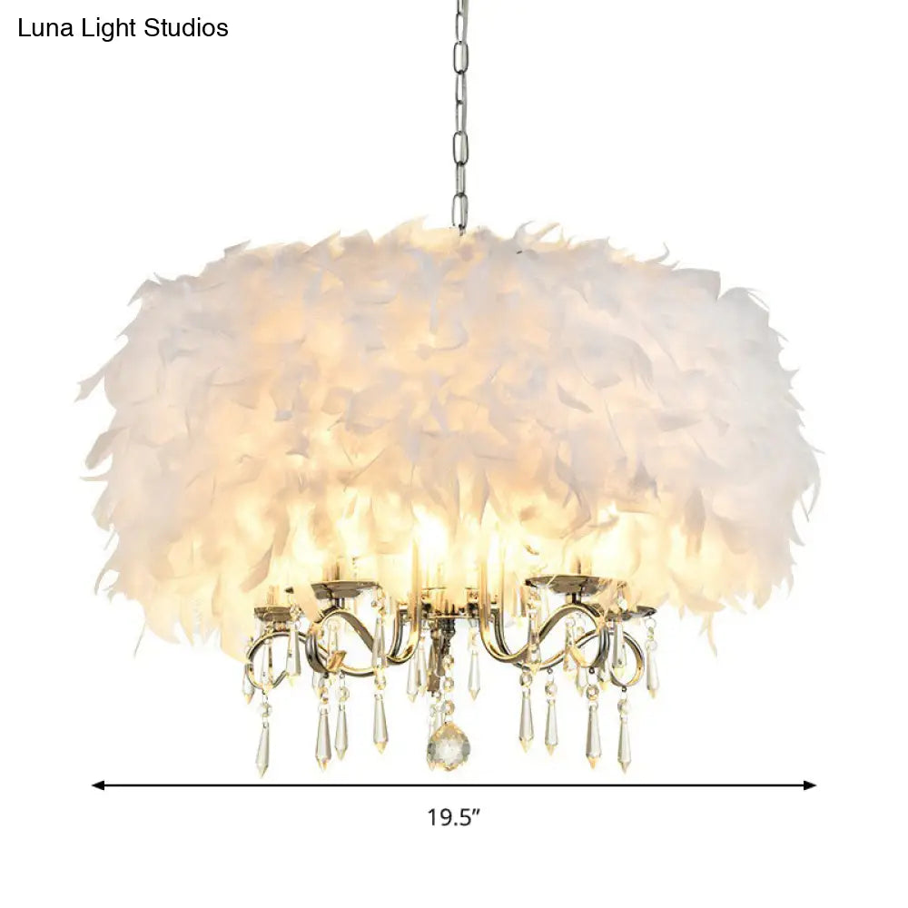 Modern White Feather Drum Shade Chandelier With 5 Lights - Stylish Suspension Light For Living Room