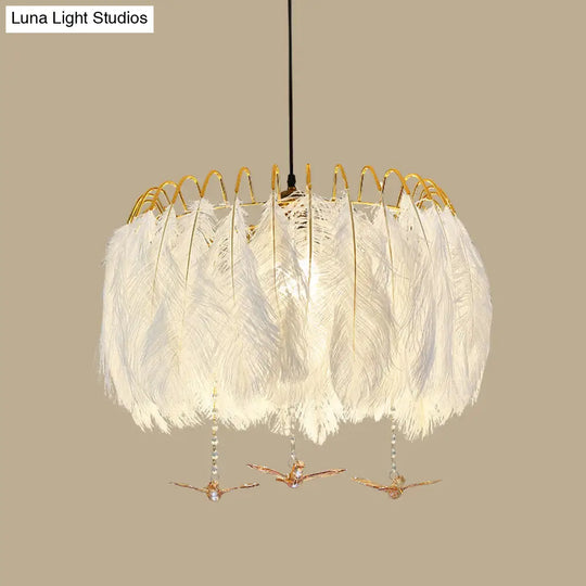 Feather Hanging Lamp: White Chandelier Light For Living Room / 19.5 With Crystal