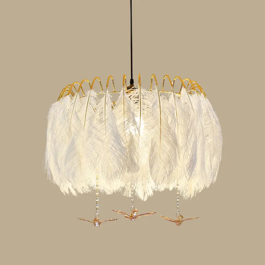 Modern White Feather Hanging Chandelier For Living Room / 19.5’ With Crystal