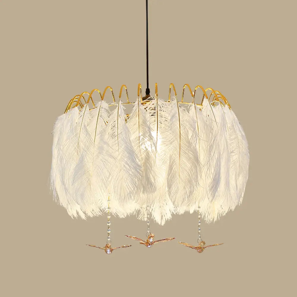 Modern White Feather Hanging Chandelier For Living Room / 27.5’ With Crystal