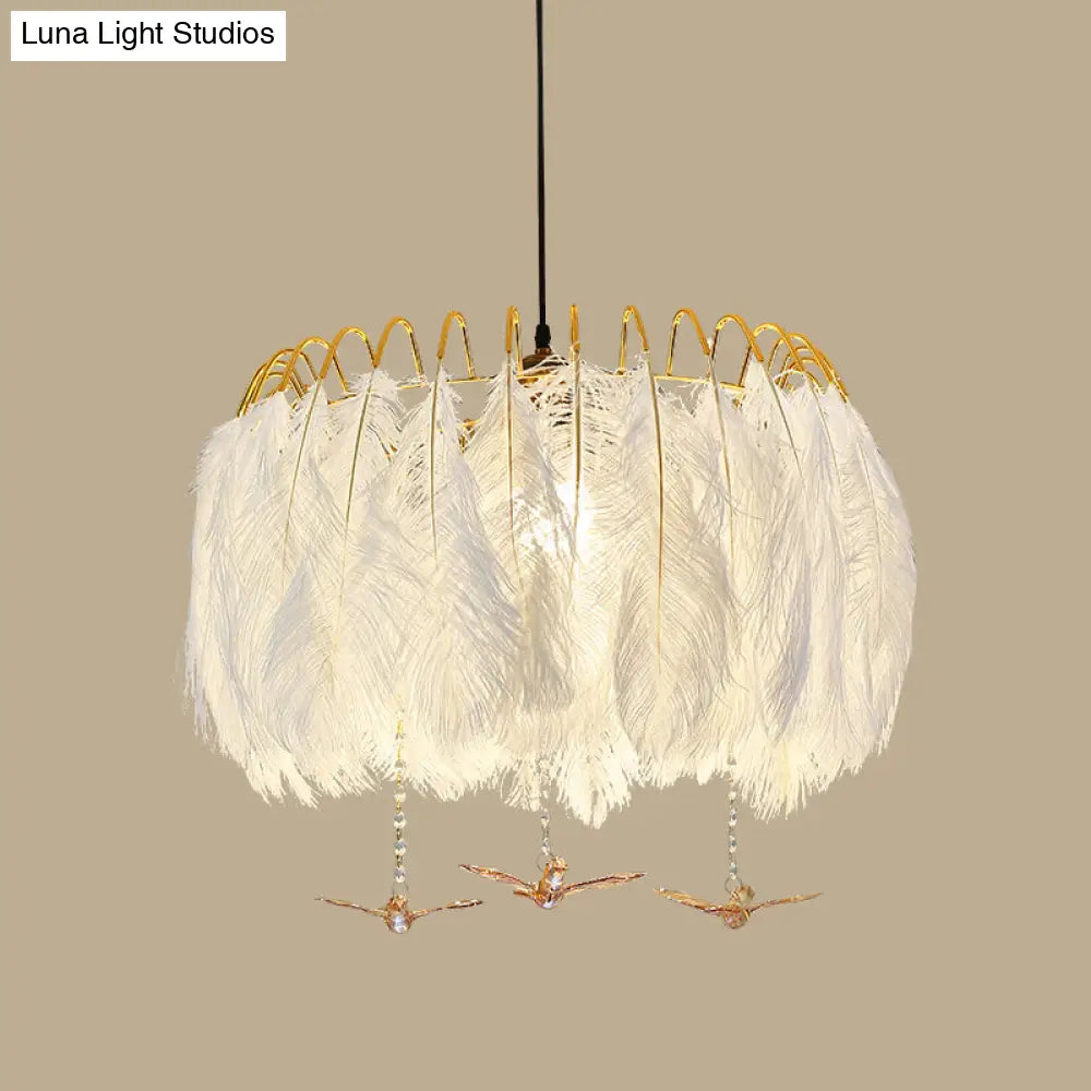 Feather Hanging Lamp: White Chandelier Light For Living Room / 23.5 With Crystal