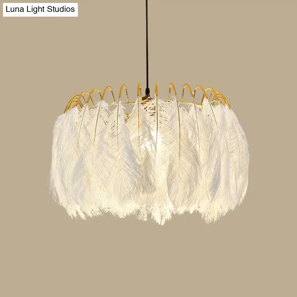 Feather Hanging Lamp: White Chandelier Light For Living Room / 27.5 Without Crystal