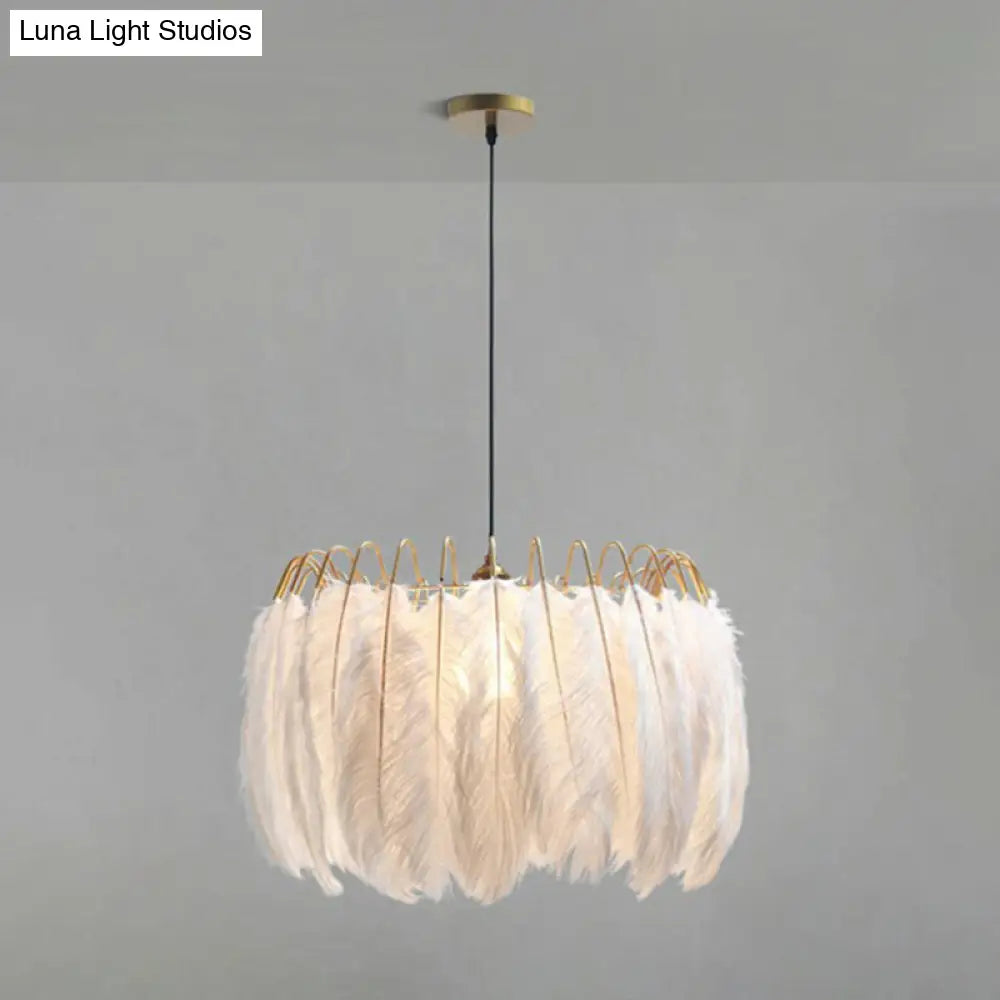 Modern Feather Pendant Light For Living Room In White Round Shape / Small B