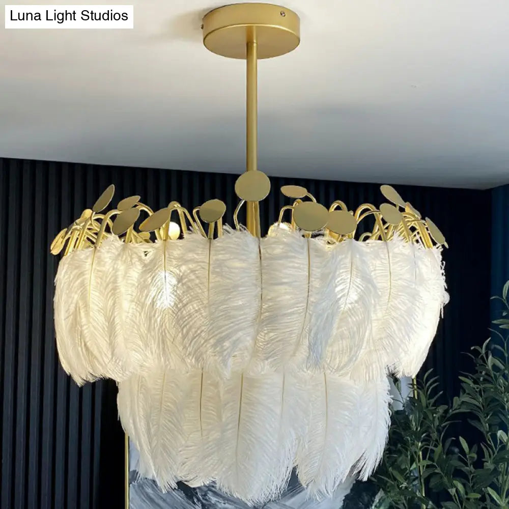 Modern White Feather Pendant Light For Living Room - Round Shape Hanging Ceiling