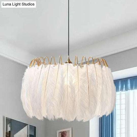 Modern White Feather Pendant Light For Living Room - Round Shape Hanging Ceiling