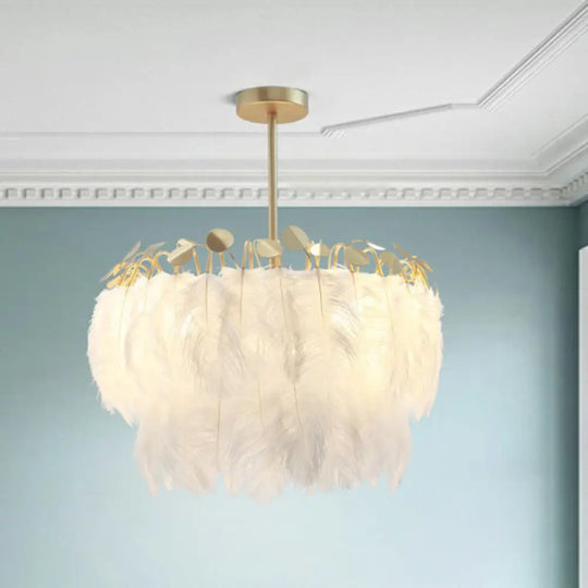 Modern White Feather Pendant Light For Living Room - Round Shape Hanging Ceiling / Large A