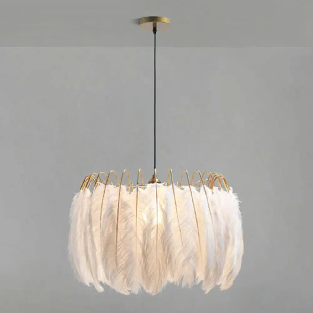 Modern White Feather Pendant Light For Living Room - Round Shape Hanging Ceiling / Large B