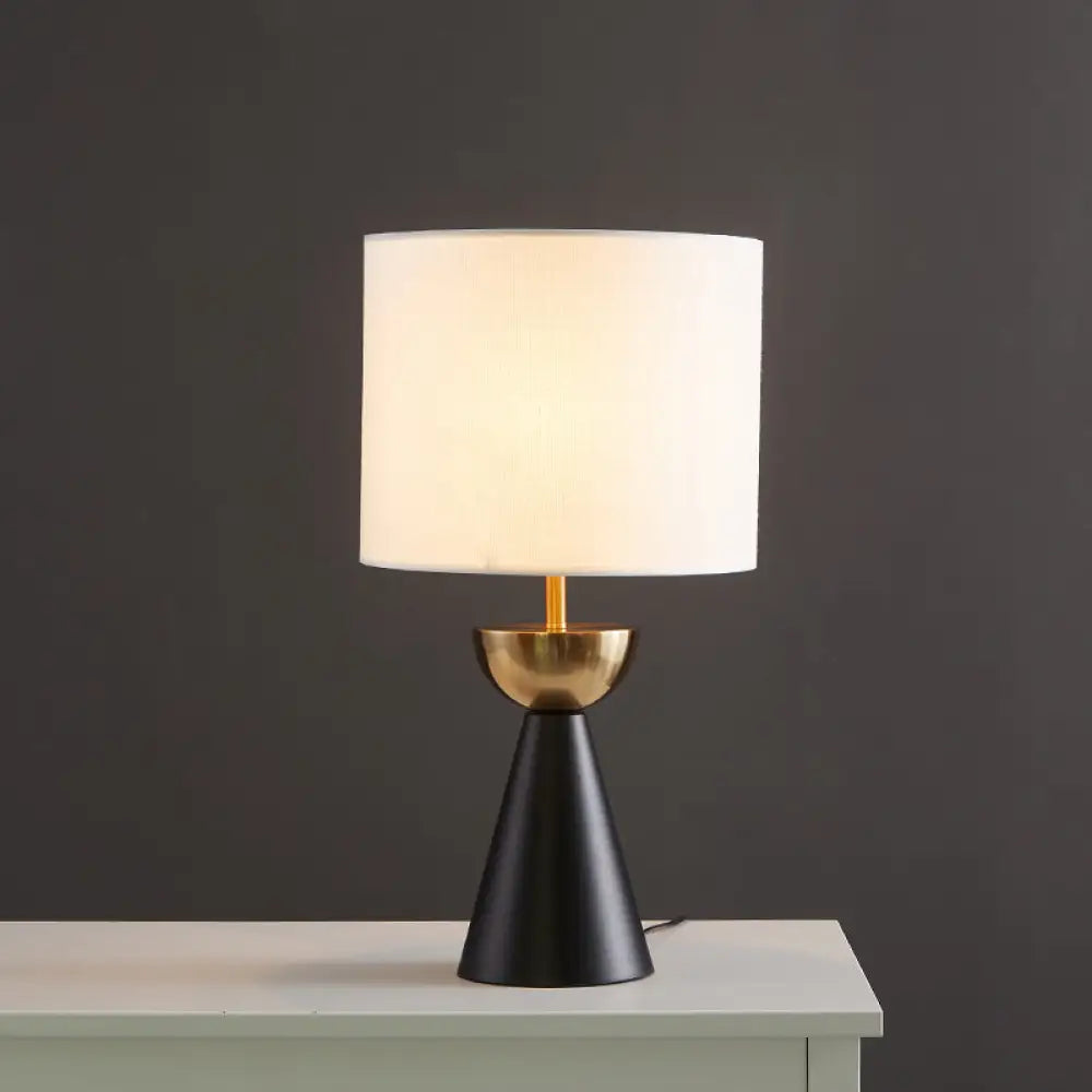 Modern White/Flaxen Cylinder Nightstand Lamp With Black Cone Base White