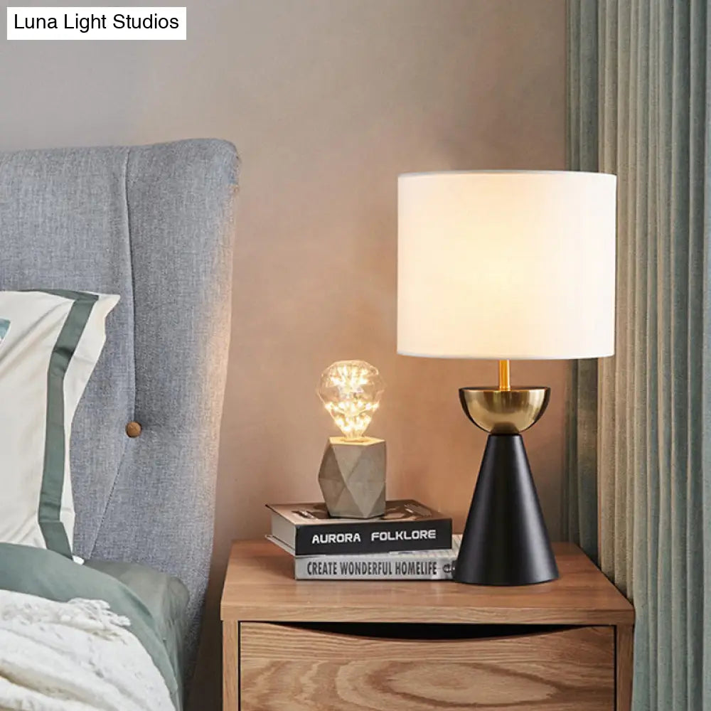 Modern White/Flaxen Cylinder Nightstand Lamp With Black Cone Base