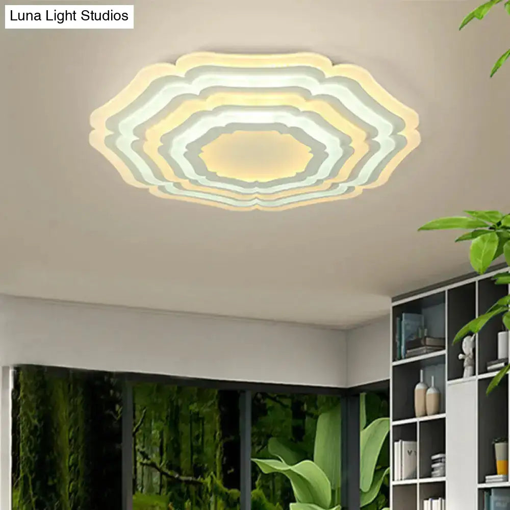 Modern White Floral Layer Led Flush-Mount Light Fixture For Living Room - 8’/19.5’/39’ Wide