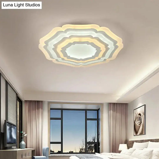 Modern White Floral Layer Led Flush-Mount Light Fixture For Living Room - 8’/19.5’/39’ Wide