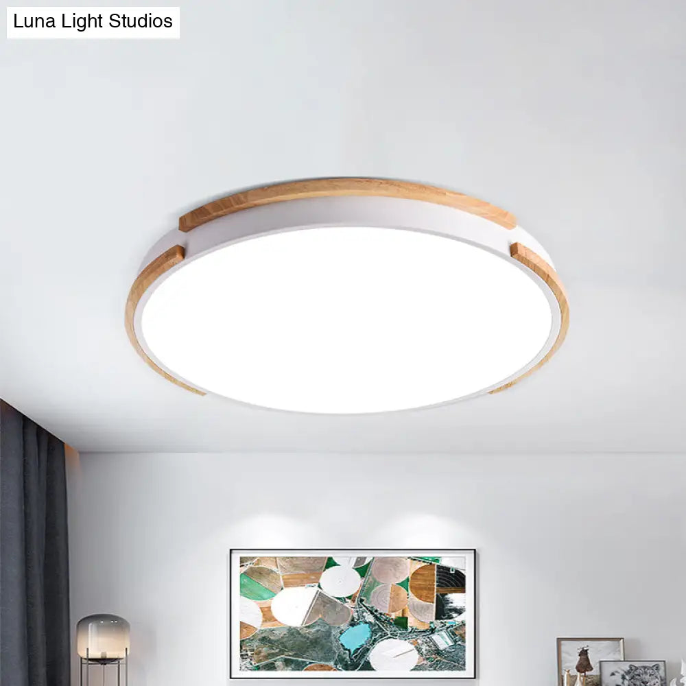 Modern White Flush Mount Led Ceiling Light With Wood Accent & Acrylic Diffuser Perfect For Living