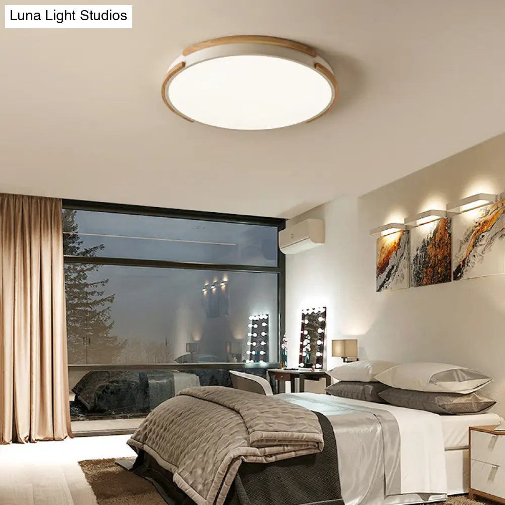 Modern White Flush Mount Led Ceiling Light With Wood Accent & Acrylic Diffuser Perfect For Living