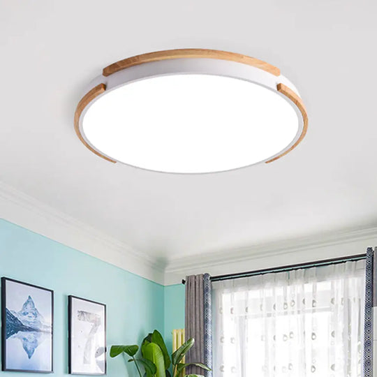 Modern White Flush Mount Led Ceiling Light With Wood Accent & Acrylic Diffuser Perfect For Living