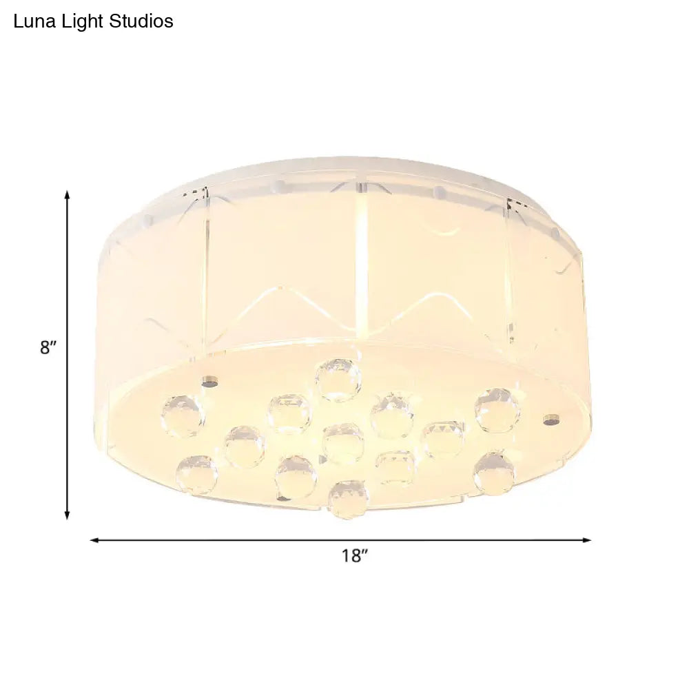 Modern White Frosted Glass Ceiling Light With Crystal Orb Drop - 6 Bulbs Drum Flush Mount