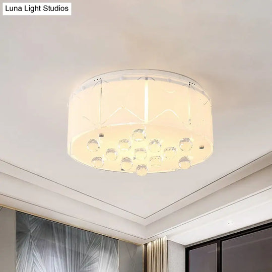 Modern White Frosted Glass Ceiling Light With Crystal Orb Drop - 6 Bulbs Drum Flush Mount