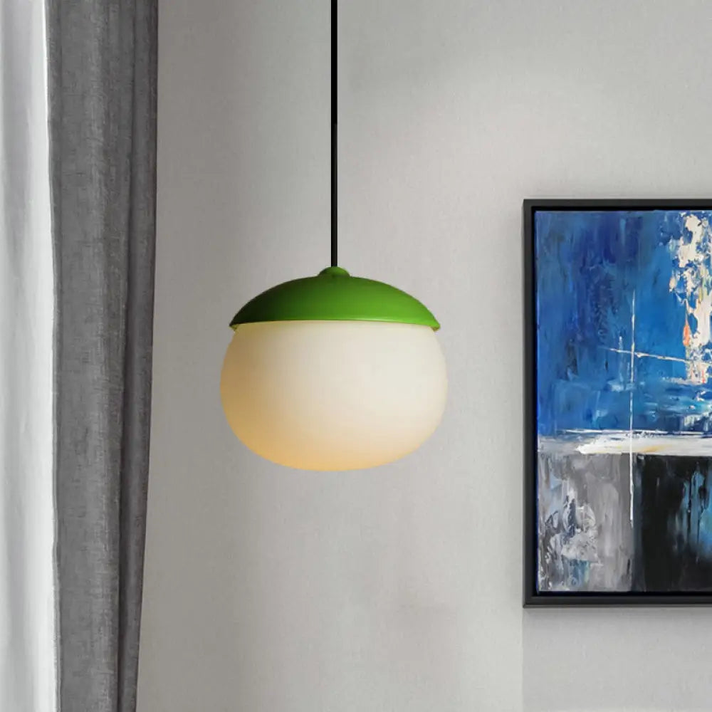 Modern White Glass 1-Light Pendant Lamp With Nut Shape Design - Green Hanging Light For Restaurants