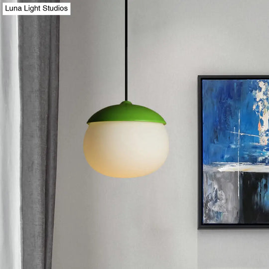 Modern White Glass Nut Pendant Lighting - 1-Light Green Hanging Lamp For Restaurants