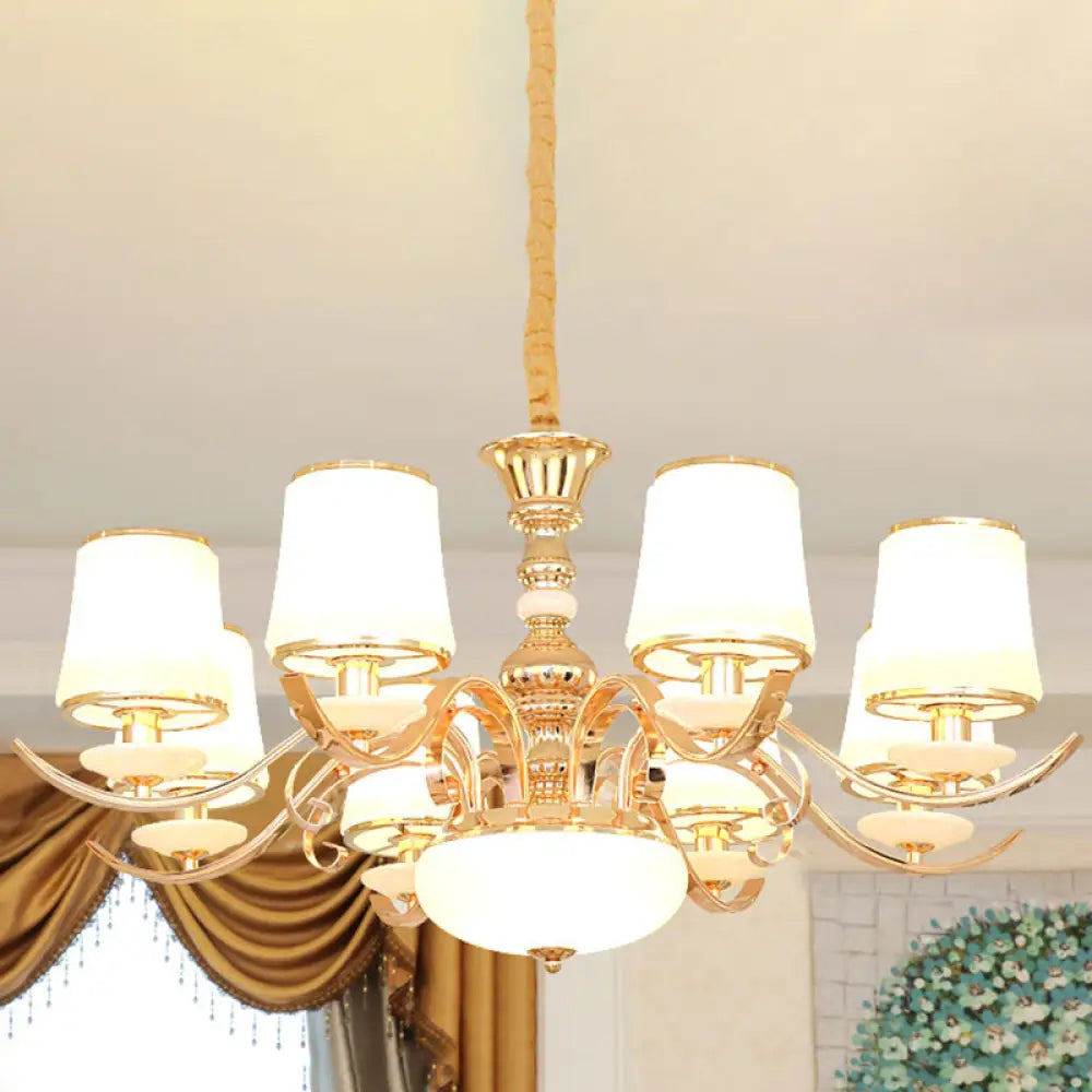 Modern White Glass And Gold Pendant Chandelier With Curved Arm - Barrel Shade Design 8 /