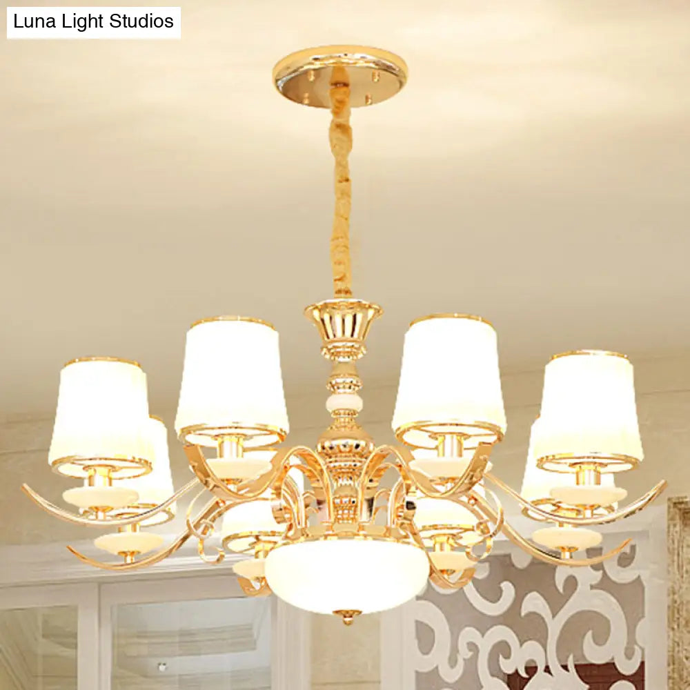 Modern White Glass And Gold Pendant Chandelier With Curved Arm - Barrel Shade Design