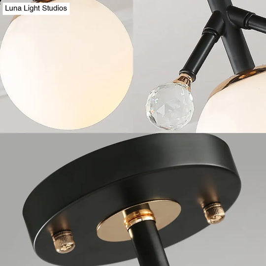 Modern White Glass And Metal Ceiling Lighting With Crystal Ball Deco - 1 Light Globe Semi Flush