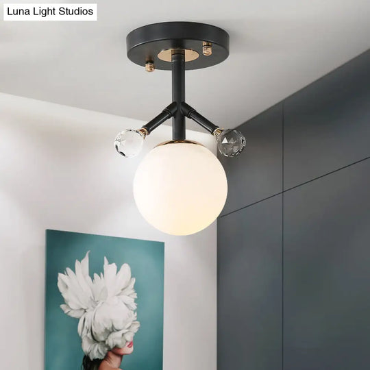 Modern White Glass And Metal Ceiling Lighting With Crystal Ball Deco - 1 Light Globe Semi Flush