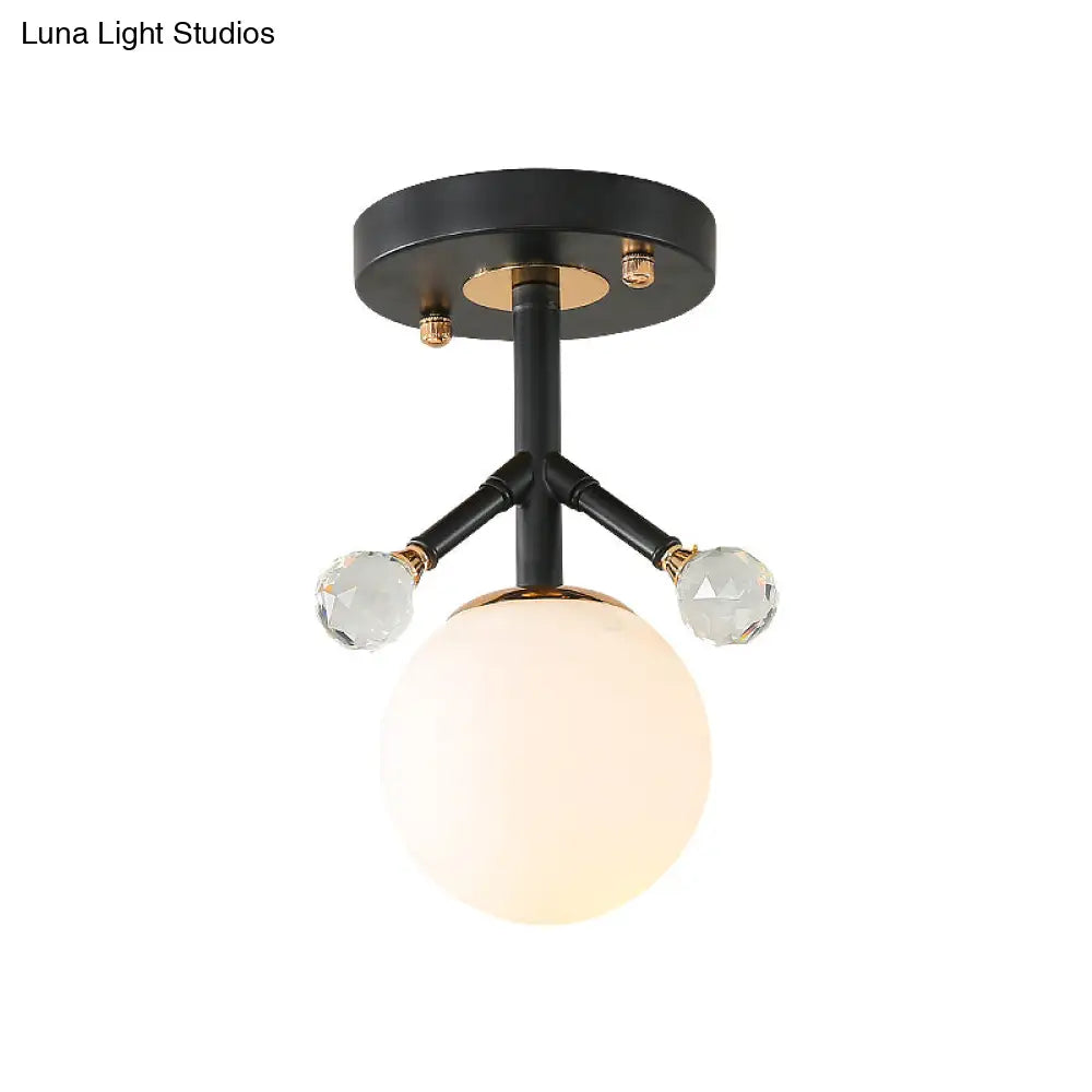 Modern White Glass And Metal Ceiling Lighting With Crystal Ball Deco - 1 Light Globe Semi Flush