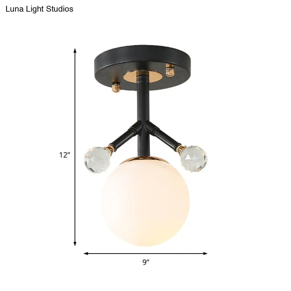 Modern White Glass And Metal Ceiling Lighting With Crystal Ball Deco - 1 Light Globe Semi Flush