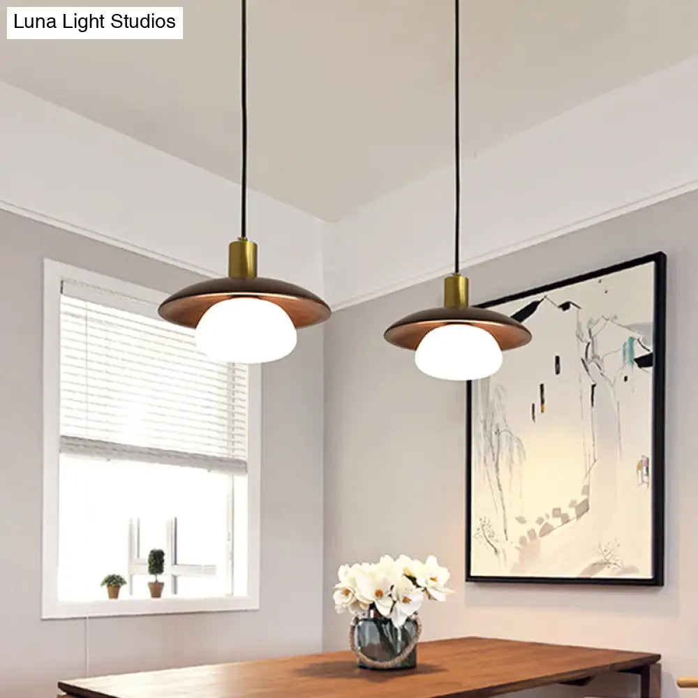 Modern White Glass Ball/Bun Suspension Lamp With Wood Saucer Top In Brown - 1-Light Down Lighting