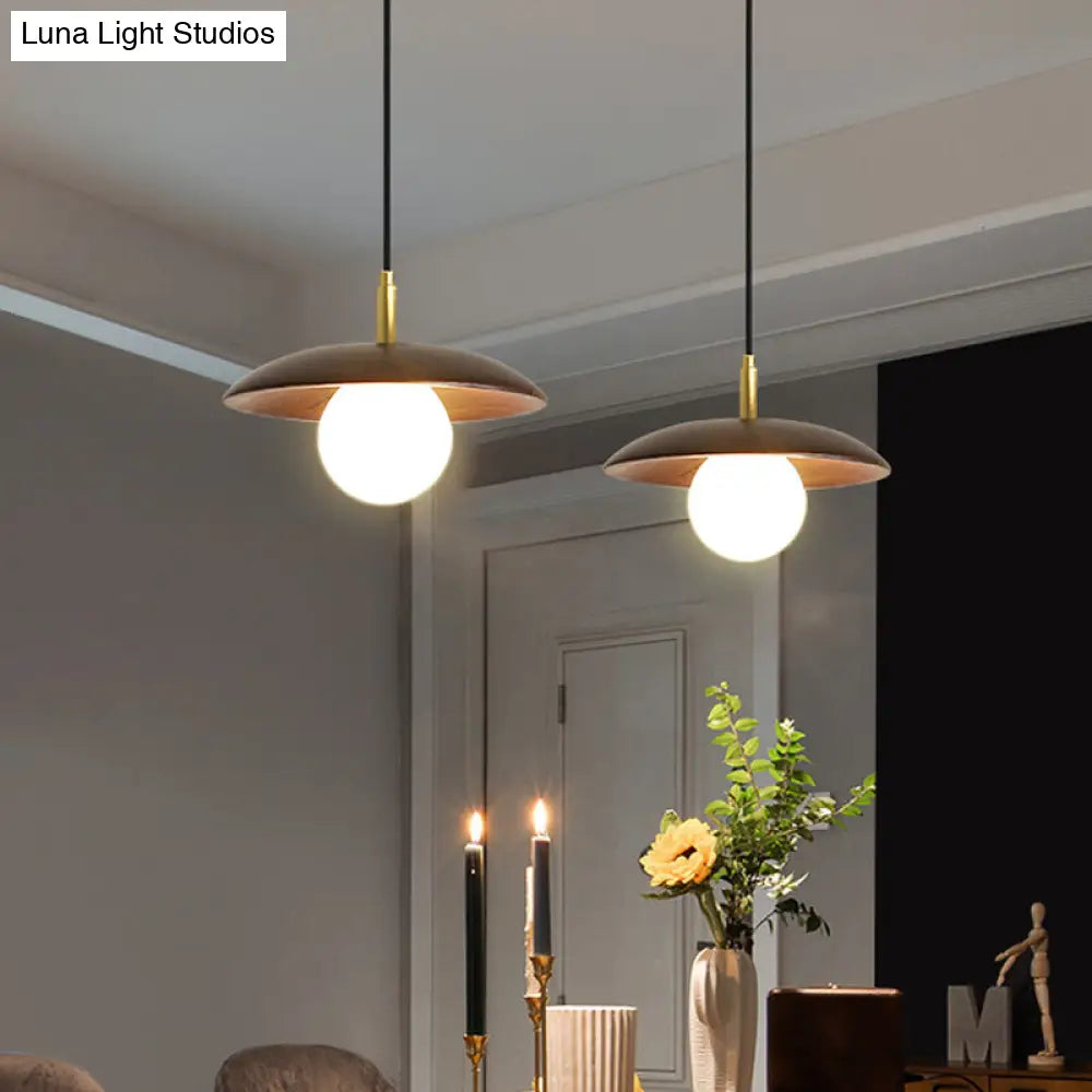 Modern White Glass Ball Suspension Lamp With Brown Wood Saucer Top