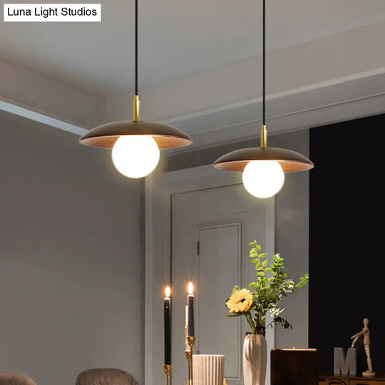 Modern White Glass Ball Suspension Lamp With Brown Wood Saucer Top