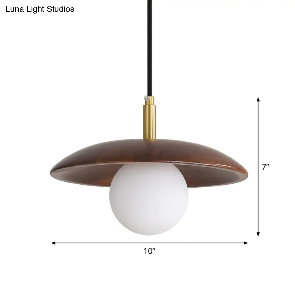 Modern White Glass Ball/Bun Suspension Lamp With Wood Saucer Top In Brown - 1-Light Down Lighting