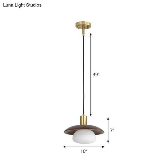 Modern White Glass Ball Suspension Lamp With Brown Wood Saucer Top