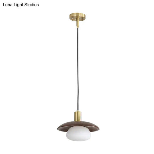 Modern White Glass Ball/Bun Suspension Lamp With Wood Saucer Top In Brown - 1-Light Down Lighting