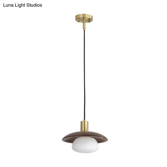 Modern White Glass Ball Suspension Lamp With Brown Wood Saucer Top