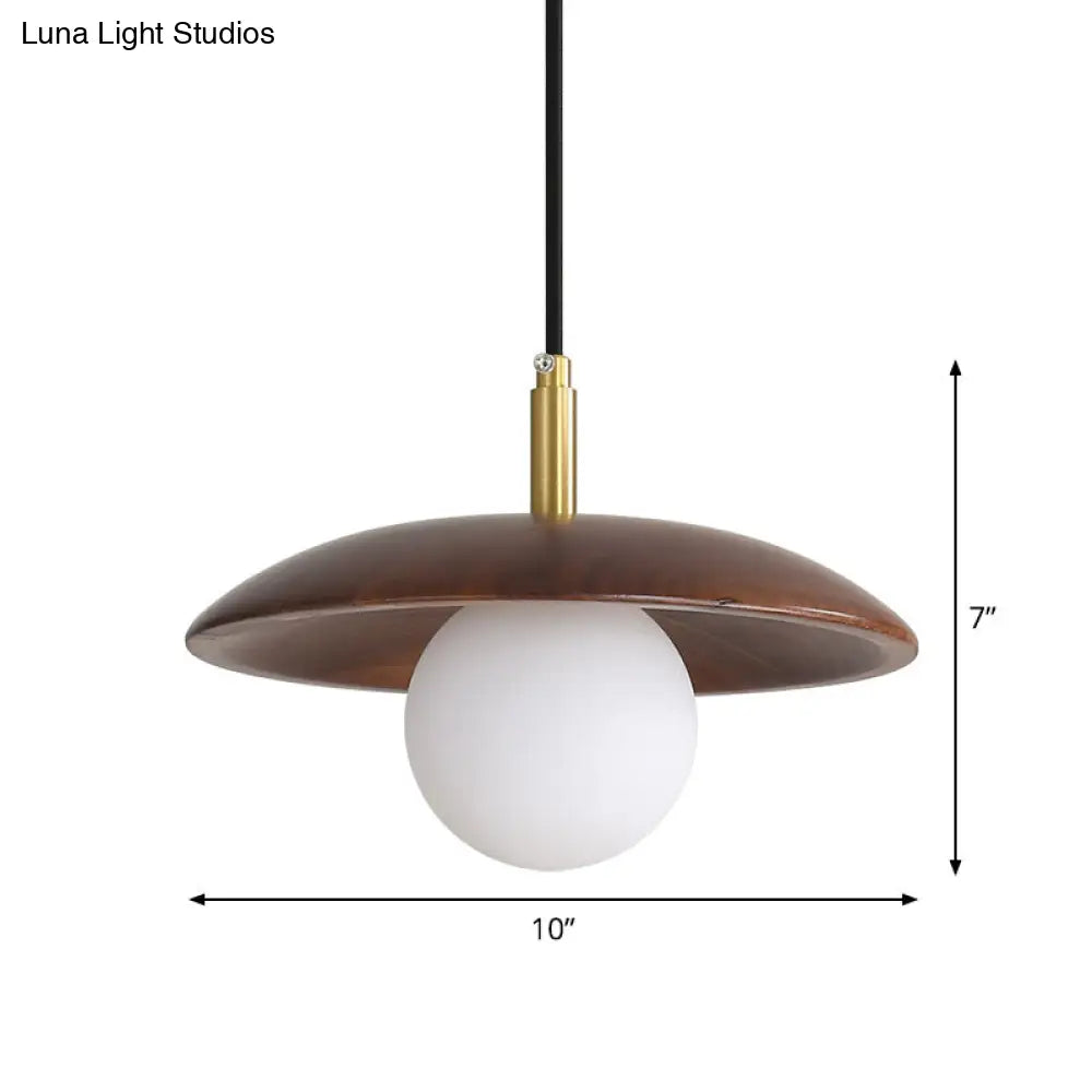 Modern White Glass Ball Suspension Lamp With Brown Wood Saucer Top