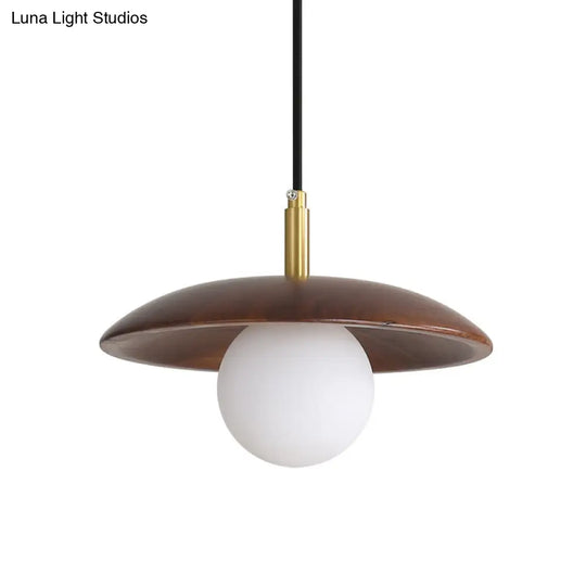 Modern White Glass Ball Suspension Lamp With Brown Wood Saucer Top / A