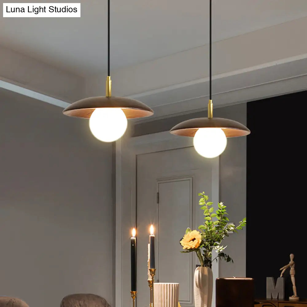 Modern White Glass Ball/Bun Suspension Lamp With Wood Saucer Top In Brown - 1-Light Down Lighting