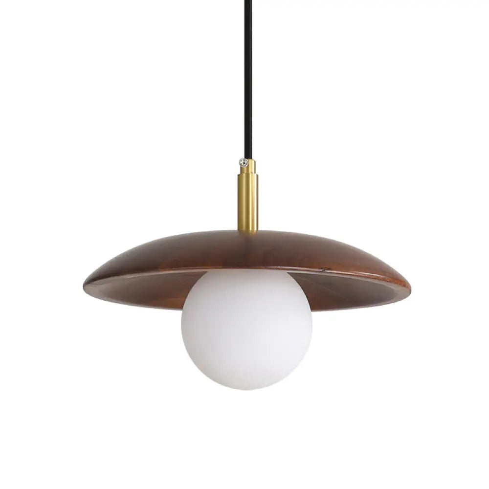 Modern White Glass Ball/Bun Suspension Lamp With Wood Saucer Top In Brown - 1-Light Down Lighting /