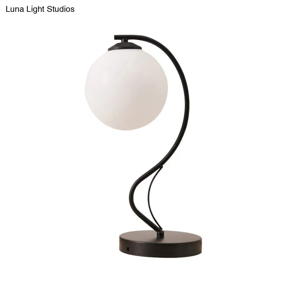 Modern White Glass Ball Task Lamp With Black Reading Light & Curved Metal Arm