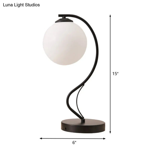 Modern White Glass Ball Task Lamp With Black Reading Light & Curved Metal Arm