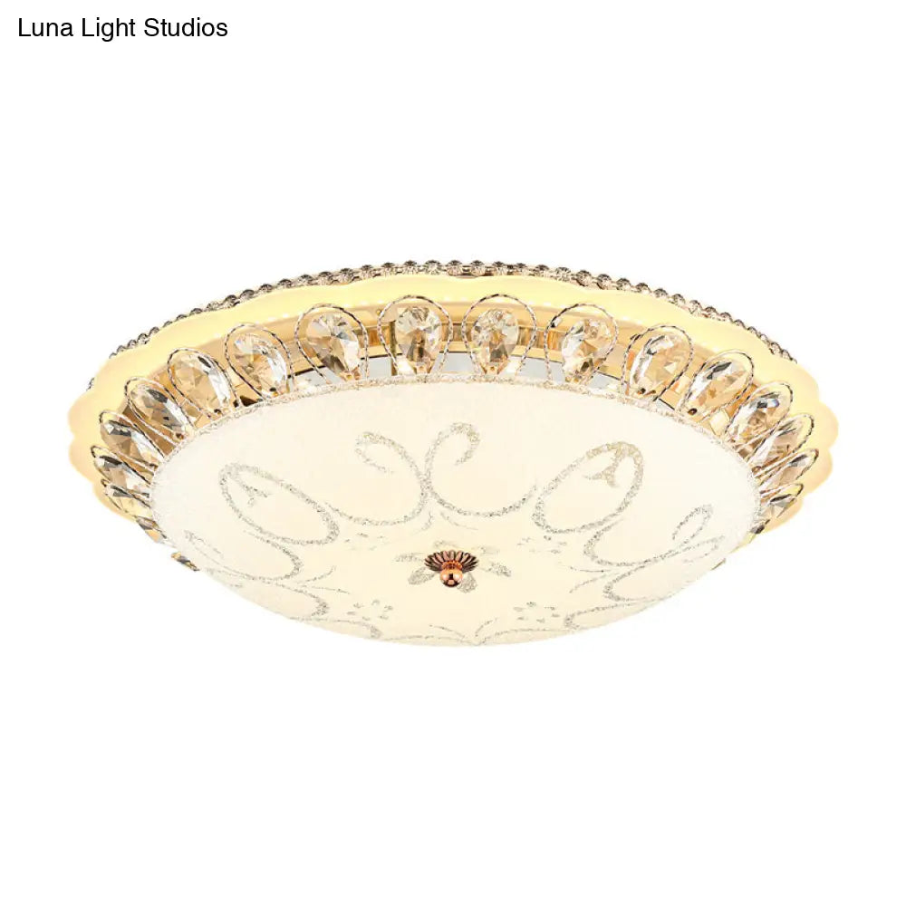 Modern White Glass Bowl Ceiling Lamp With Led Lighting And K9 Crystal Accent - 12’/16’/19.5’ Wide
