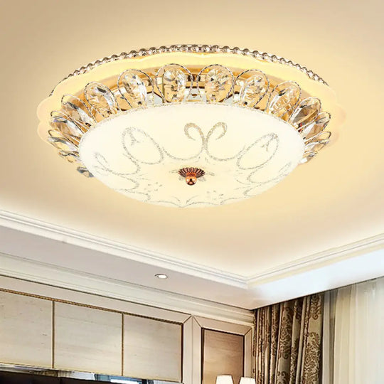 Modern White Glass Bowl Ceiling Lamp With Led Lighting And K9 Crystal Accent - 12’/16’/19.5’