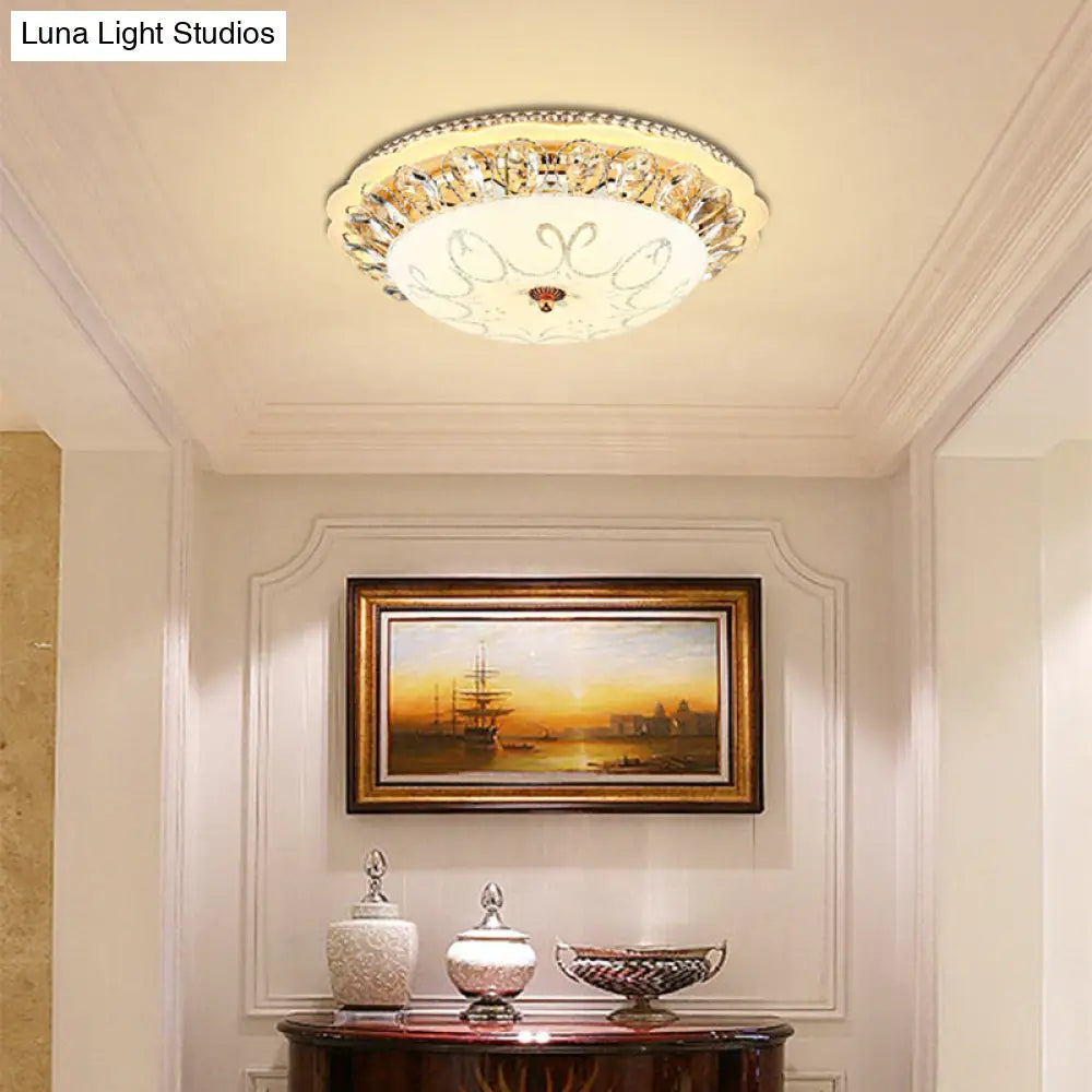 Modern White Glass Bowl Ceiling Lamp With Led Lighting And K9 Crystal Accent - 12’/16’/19.5’ Wide