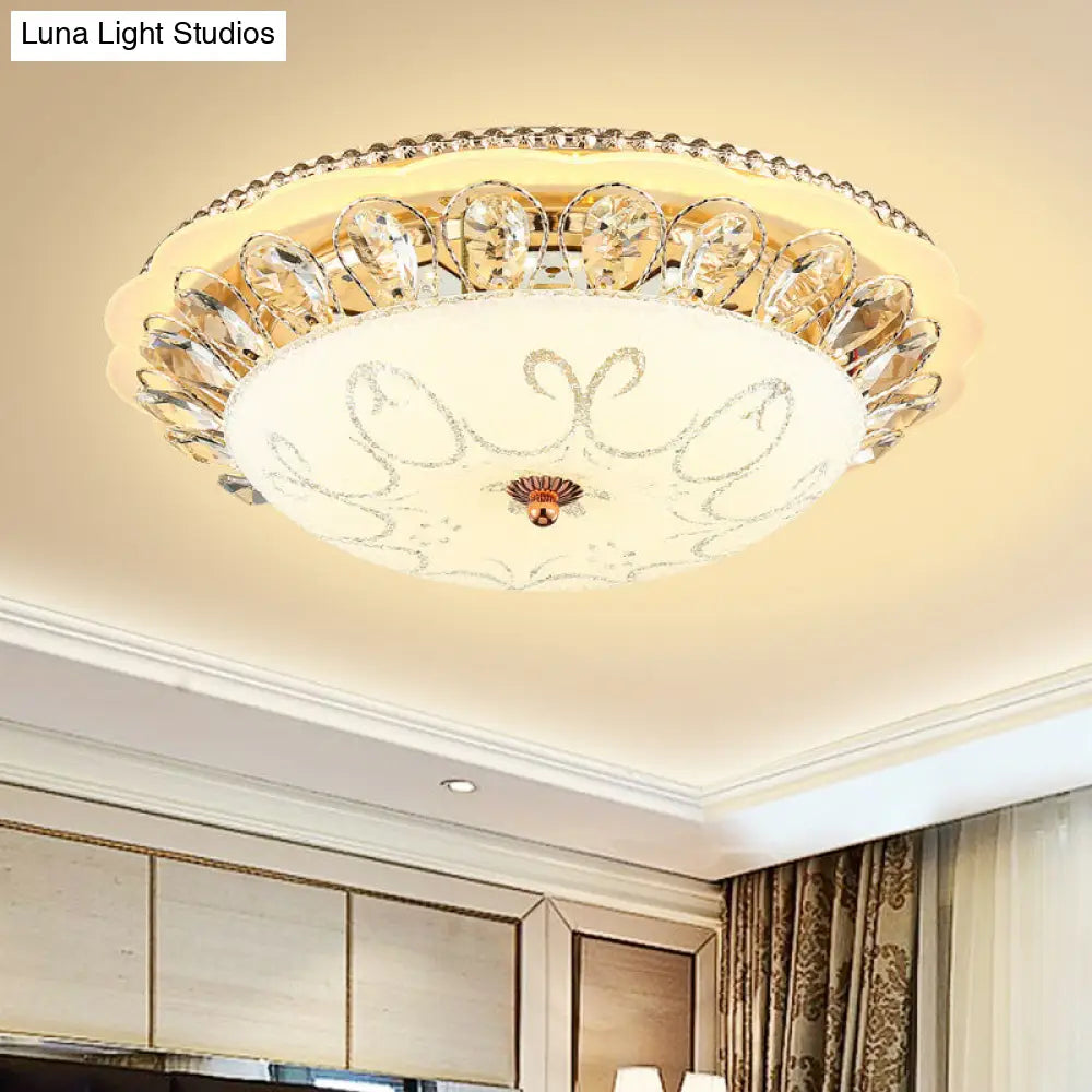 Modern White Glass Bowl Ceiling Lamp With Led Lighting And K9 Crystal Accent - 12/16/19.5 Wide / 12