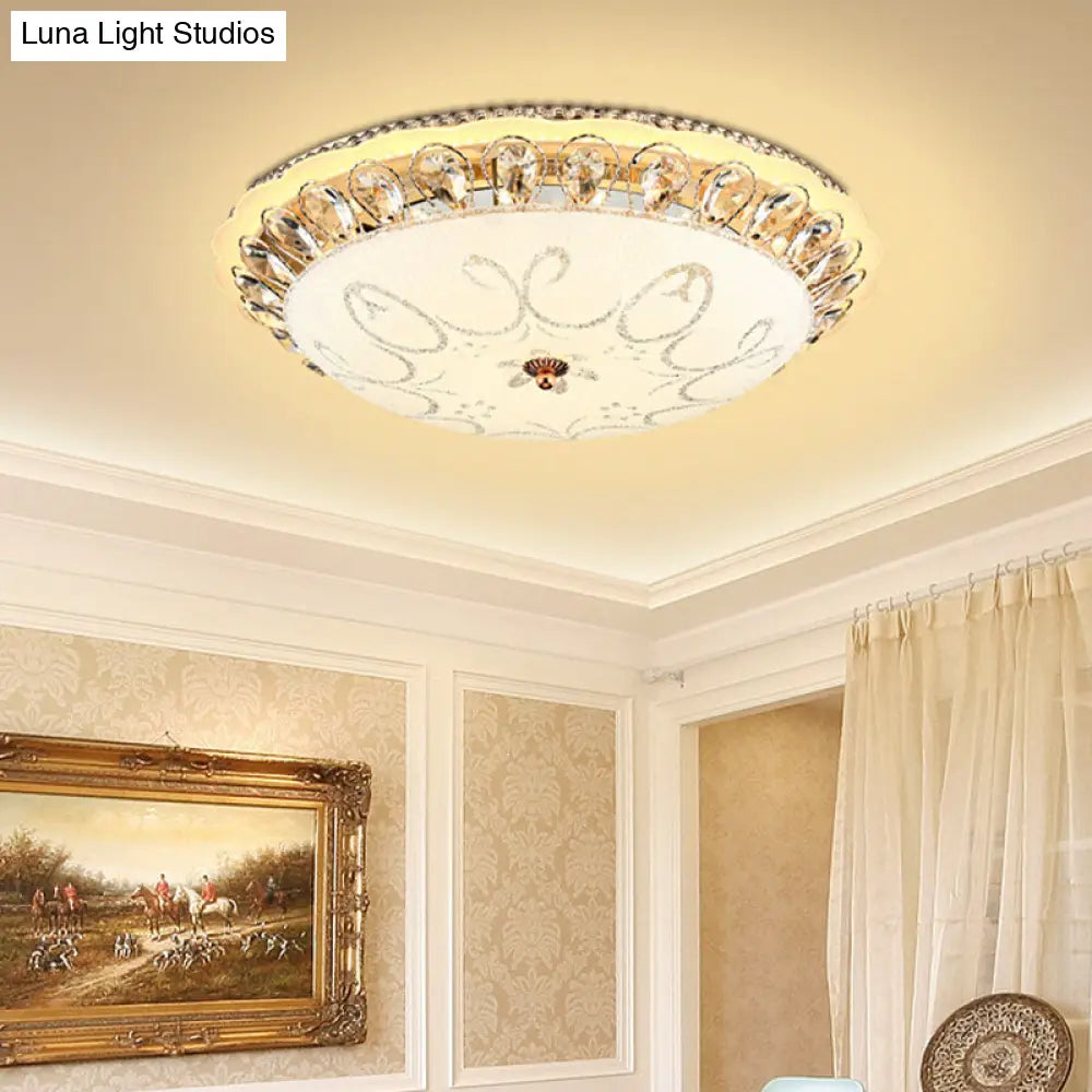 Modern White Glass Bowl Ceiling Lamp With Led Lighting And K9 Crystal Accent - 12/16/19.5 Wide
