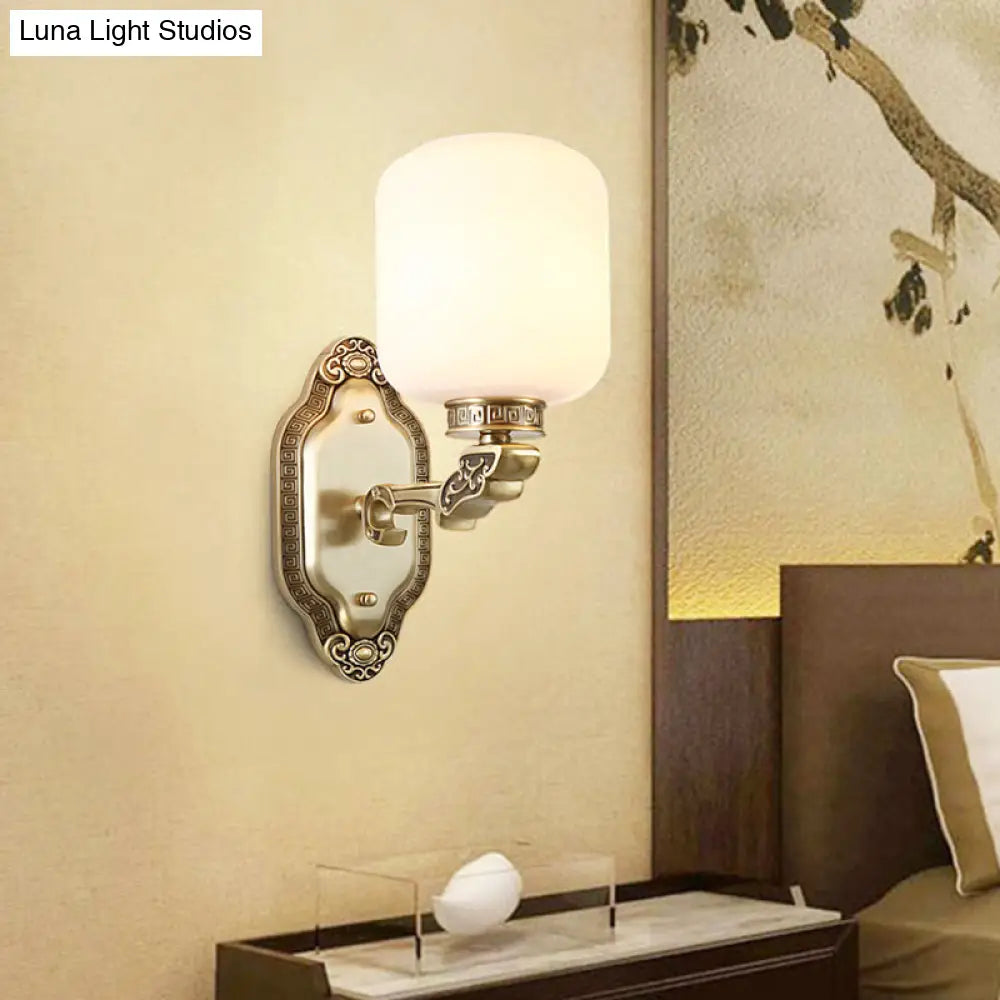 Modern White Glass Brass Wall Sconce - 1-Light Farmhouse Lamp For Drawing Room